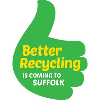 Green thumbs up with text "Better Recycling Is Coming To Suffolk"