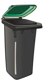 Black wheelie bin with green lid