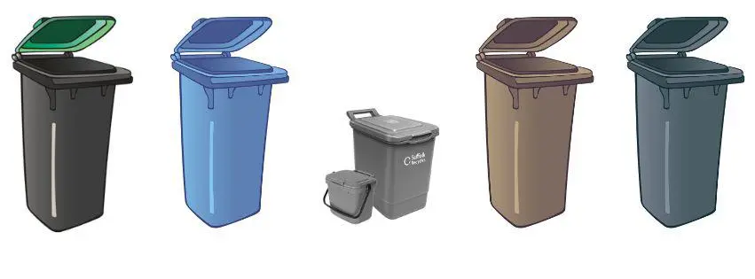 Black wheelie bin with green lid, blue wheelie bin, two grey food caddies , brown wheelie bin and black wheelie bin.