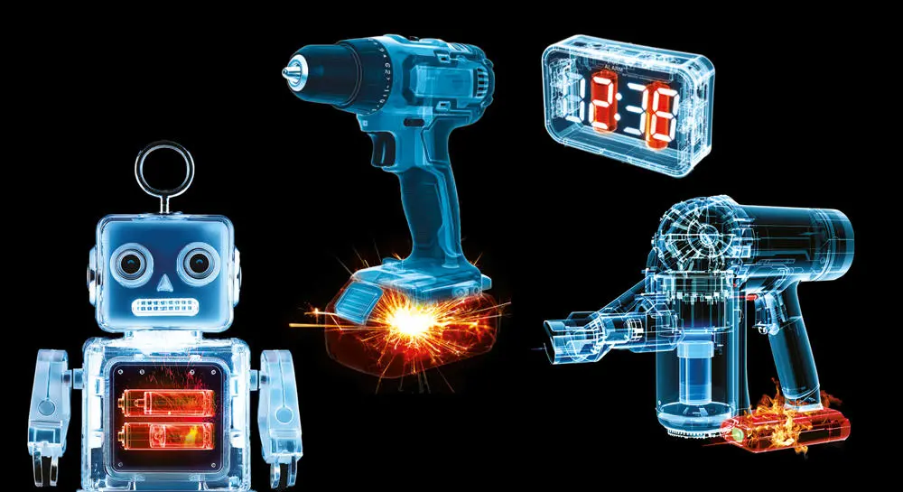 Xray images of small appliances showing hidden batteries inside.