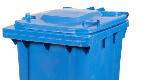 Top of blue-lidded recycling bin