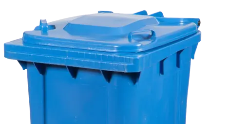 Top of blue-lidded recycling bin