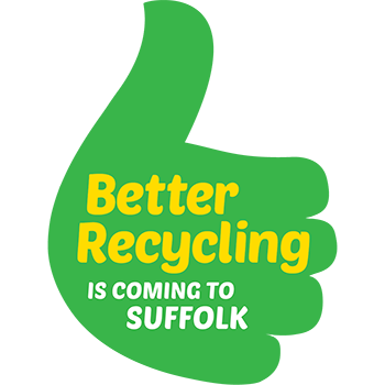 Green thumbs up with text "Better Recycling Is Coming To Suffolk"