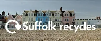 Suffolk Recycles logo with Aldeburgh Beach houses in the background