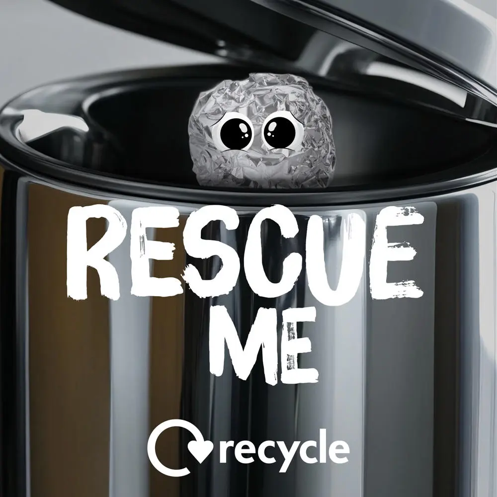 Ball of foil with googly eyes in the top of a bin with text saying 'Rescue me'