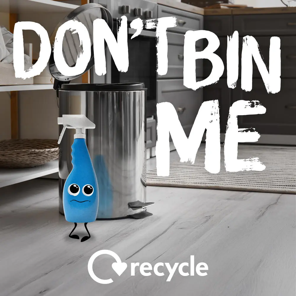 Shampoo bottle next to a pedal bin in a bathroom with text saying 'Don't bin me'